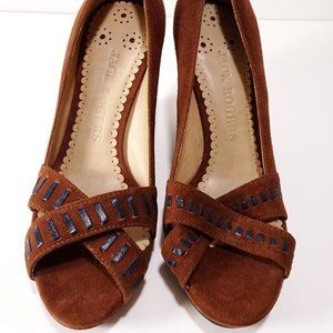 Jack Robers Brown Suede Black Leather Whipstitch Peep Toe Wedge Sandals 6 NWOT